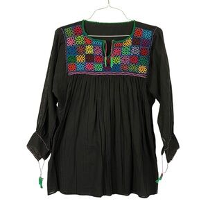 Vintage Black Mexican Embroidered Tunic Peasant Blouse Boho Festival Top Medium